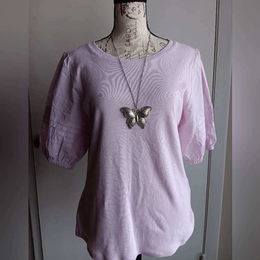 Women's Pink Puff Sleeve Top W/ Bonus Necklace
